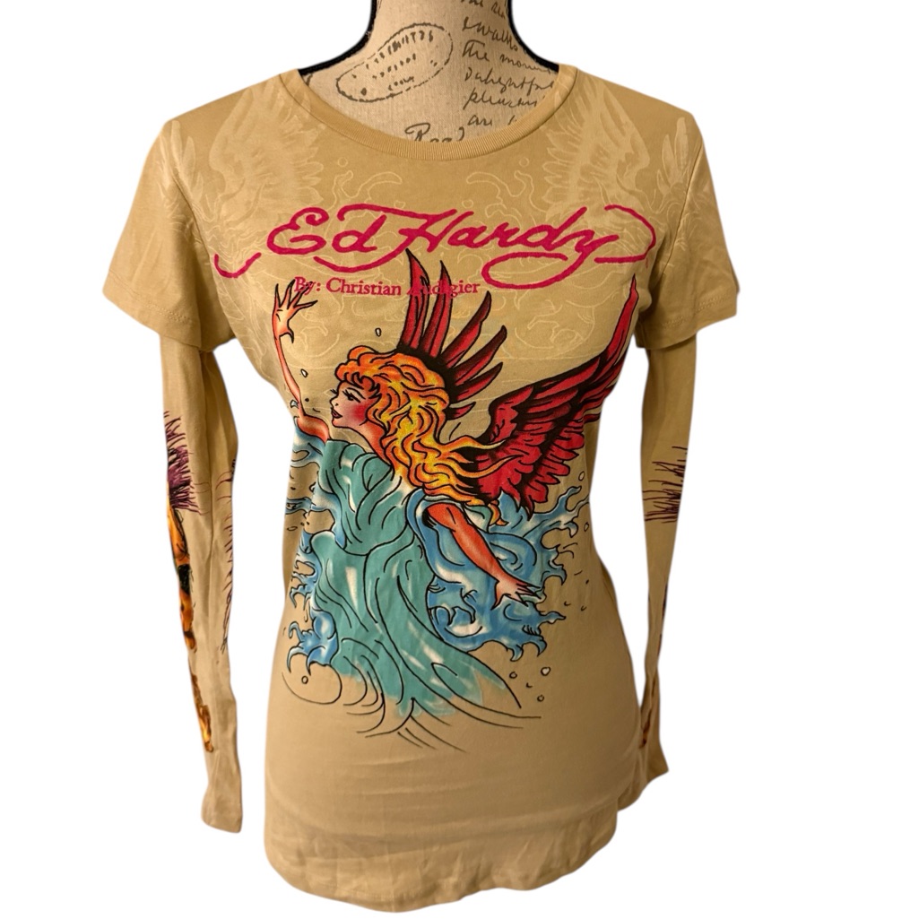 Rare Vintage Ed Hardy By Christian Audigier “Siren” Double Sleeve Tee.